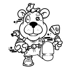 Playful Cartoon Bear Character with Tools and Accessories