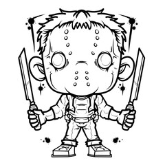 Cartoon Character with Knives and Mask in Black and White