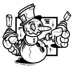 Festive Cartoon Snowman With Tools and Top Hat