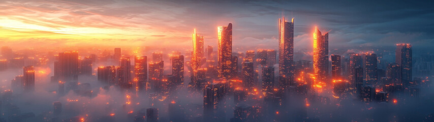 A mysterious fantasy city emerges from the mist, with tall towers and glowing lights creating a dreamlike atmosphere. The cinematic shot captures the surreal and mystical vibe.