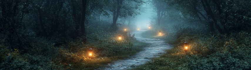 A winding path through an enchanted forest, lit by softly glowing lanterns. The misty surroundings and soft details create a cinematic, peaceful, and magical atmosphere.