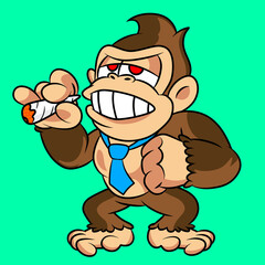 Cheerful Cartoon Monkey in Tie Holding Cigarette Illustration