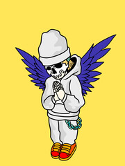 Illustration of Winged Skeleton in Streetwear Praying Pose