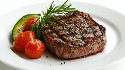Grilled Steak with Vegetables on a White Plate