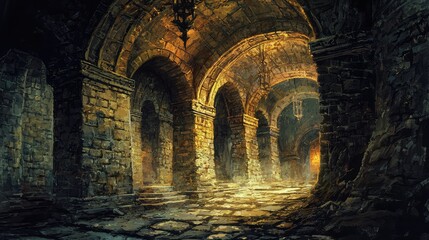 Fototapeta premium Mysterious underground corridor with stone arches, dim lighting, and an eerie atmosphere, perfect for fantasy or horror themes.