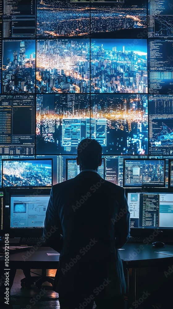 Poster professional watching data analytics on multiple screens in modern office. technology and insights d
