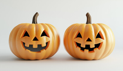 Fototapeta premium A 3D render of two cute pumpkins with carved faces on a white background.Minimal creative Halloween holiday concept.Copy space,flat lay