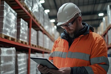 A warehouse worker in a hard hat checks his tablet. This photo shows a worker using technology to manage a warehouse.
