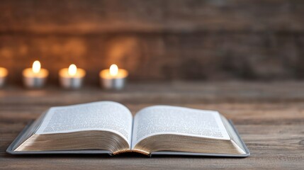 An open book rests on a rustic wooden surface, surrounded by softly glowing candles, creating a cozy and inviting atmosphere.