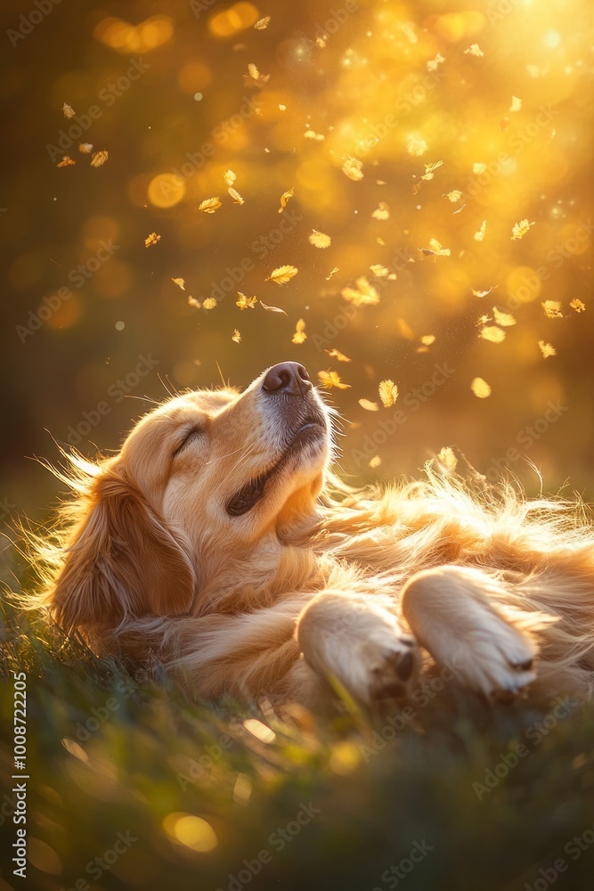 Canvas Prints A golden retriever relaxes in a sunlit field, surrounded by floating leaves.