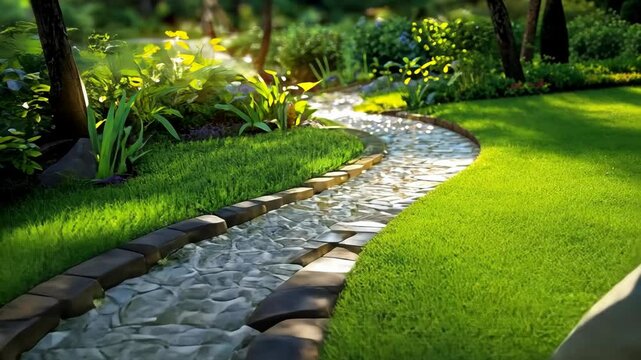 A stone path winds through a lush green garden, bordered by brick edging