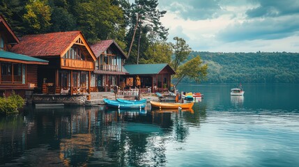 Fototapeta premium Serene lakeside cabins surrounded by lush greenery and calm waters, perfect for a relaxing getaway or outdoor adventure.