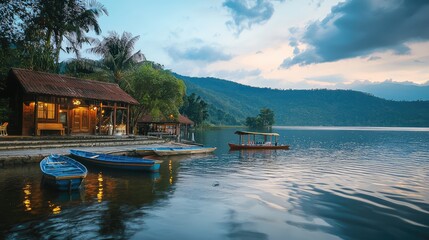 Fototapeta premium Serene lakeside view at sunset, featuring a wooden cabin and colorful boats gently drifting on calm waters surrounded by mountains.