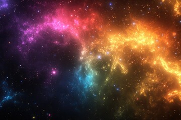 A cosmic rainbow galaxy background, with stars and nebulae glowing in vivid colors