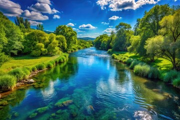 Tranquil Still River Flowing Through Lush Greenery Under Clear Blue Sky on a Serene Day