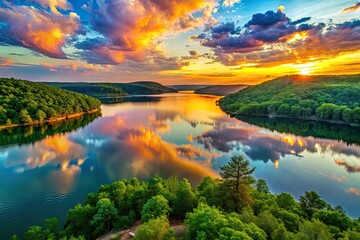 Tranquil Sunset Over Bull Shoals Lake with Reflective Waters and Lush Green Surrounding Landscape
