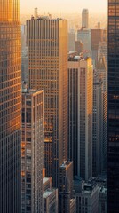 Fototapeta premium Stunning cityscape featuring towering skyscrapers bathed in golden sunlight, showcasing urban architecture and vibrant city life.