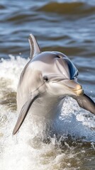 Fototapeta premium A dolphin leaps from the water, showcasing its playful nature and agility.