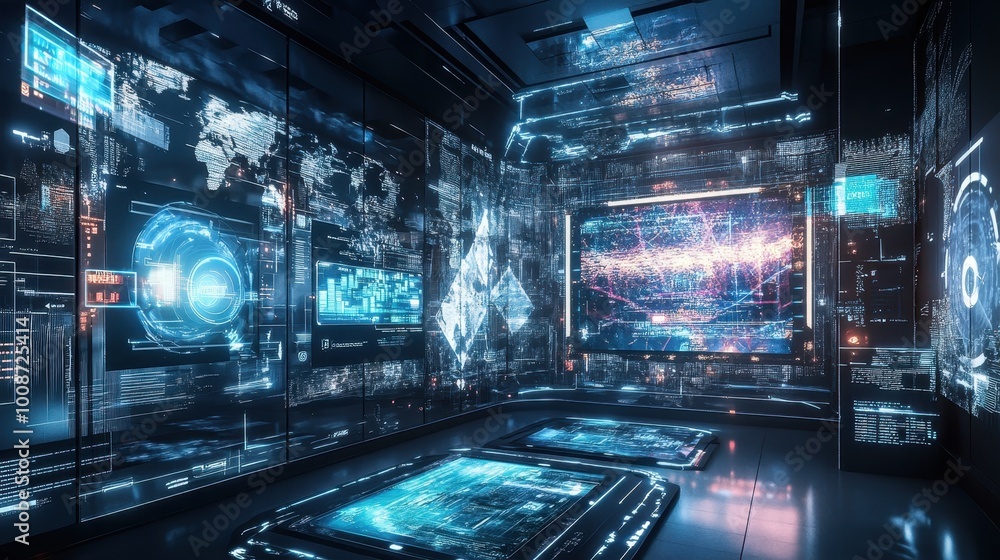 Poster futuristic digital command center with holographic interfaces