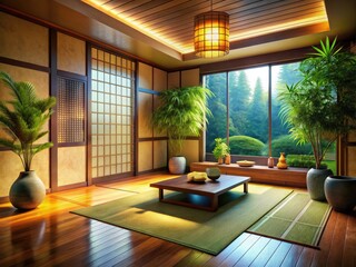 Fototapeta premium Tranquil Zen Room Background with Minimalist Decor, Soft Lighting, and Natural Elements for Relaxation