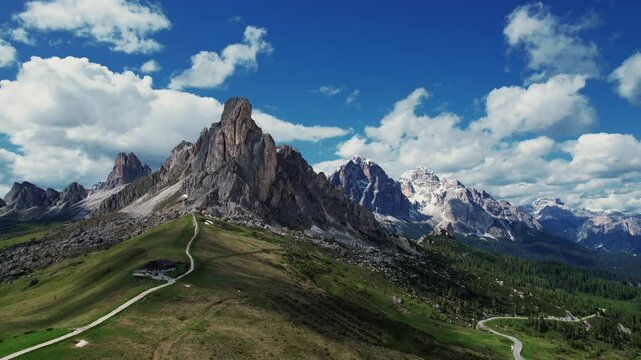 4k Drone Panoramic Shot Of Ra Gusela Mountain At Passo di Giau, Dolomites In Northern Italy