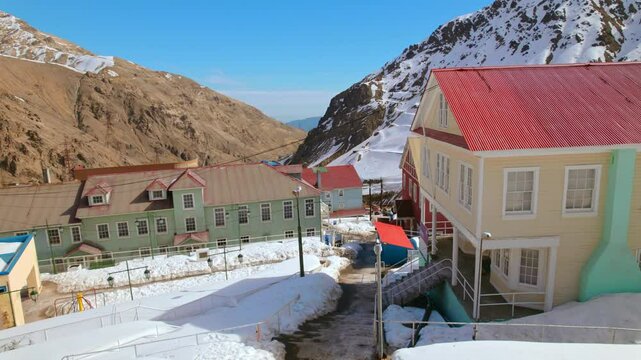 Panoramic at Colorful Mining Houses of Sewell, Chile, Andean Mountain UNESCO Heritage Site