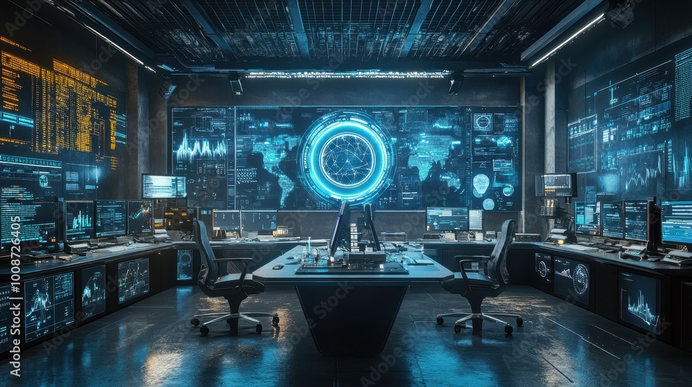 Poster futuristic command center with advanced technology and displays