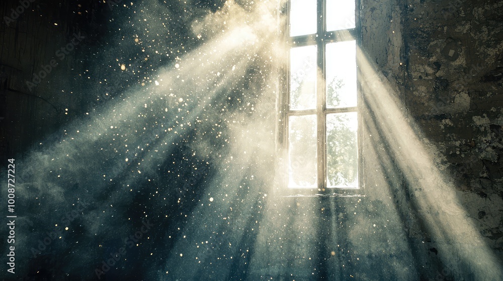 Poster sunlight streams through a dusty window, illuminating particles in the air, creating a serene and et