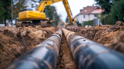 Close up shot of old water pipes in the ground with soil on it, being worked on at a construction site, repair and maintenance