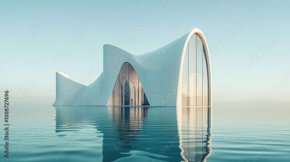 Poster unique architectural structure reflected in calm water, showcasing modern design and tranquility in 