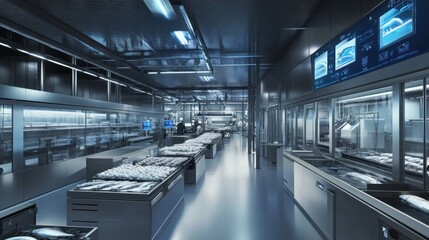 Modern Fish Processing Facility with Conveyor Belts and Screens