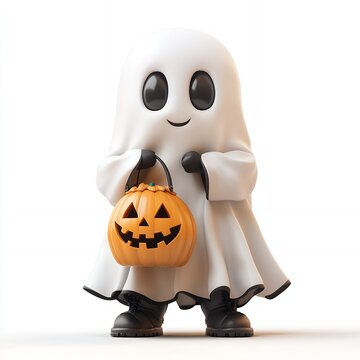 A friendly ghost in a white sheet holds a pumpkin for trick or treating.