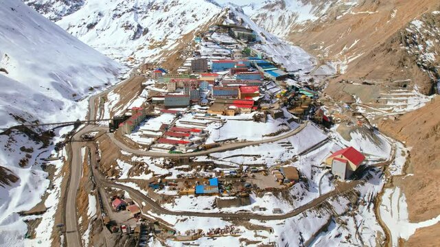 Andean Cordillera Mining Town Sewell, Chilean Snowy Mountains Aerial Top Down View