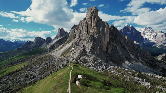 4k Drone Aerial Panoramic Pan Of Ra Gusela Mountain At Passo di Giau, Dolomites In Northern Italy