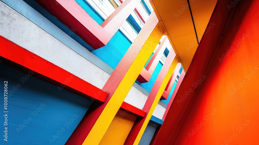 Poster vibrant abstract architecture with bold colors and geometric lines creating a striking visual compos
