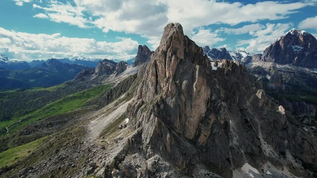 4k Drone Flys Toward Ra Gusela Mountain With Upward Tilt Angle At Passo di Giau, Dolomites In Northern Italy