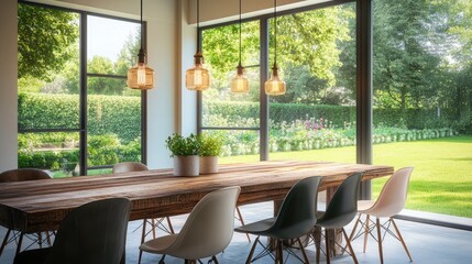 Fototapeta premium An airy dining room with a rustic wooden table
