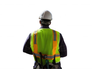 Construction worker in high-visibility vest and hard hat from behind on Transparent Background