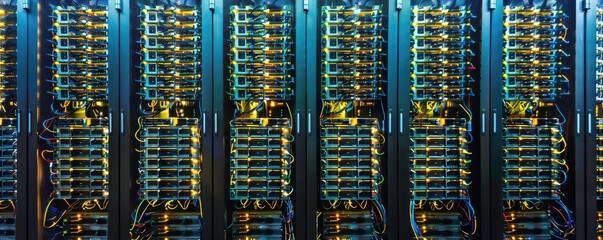 The bright blinking lights on the tall server racks indicate an active, bustling data center housing a large amount of network and storage infrastructure.