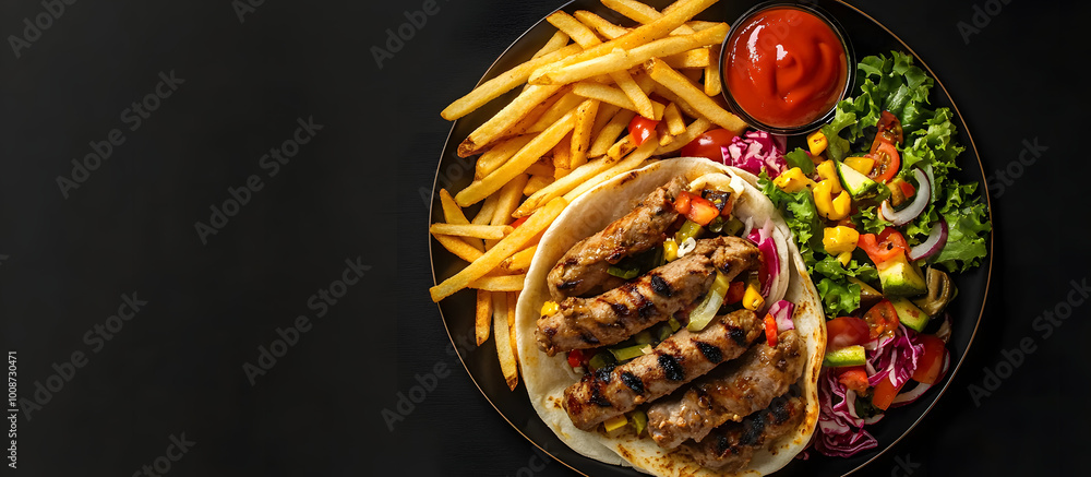 Poster top down view of doner kebab or gyros served on a plate with fries veggies and salad on a black back