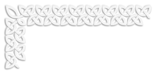 Celtic knot L-shaped frame clip-art, white. Linear border made with Celtic knots, which looks like a plaster ornament, for use in St. Patrick's Day designs.