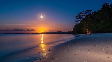 A serene full moon illuminating a calm lake at midnight.
