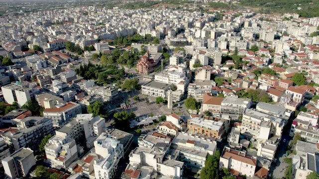 Xanthi City Center and Clock Square Plaza, Aerial Point of Interest Shot, Panoramic View, Thrace Greece