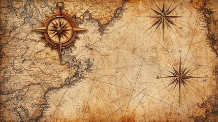 Vintage map with compass, showcasing intricate details of old cartography, perfect for travel and exploration themes.