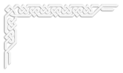 Celtic L-shaped frame with hearts, white. Linear border made with Celtic knots, which looks like a plaster ornament, for use in St. Patrick's Day designs.