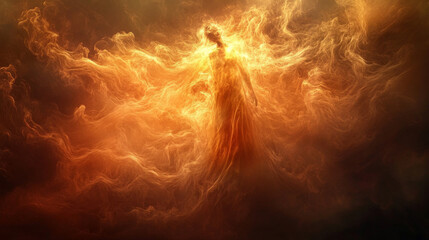 Fiery flames dance against a hazy, dark night.