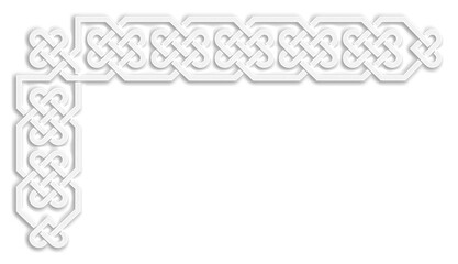 L-shaped frame with Celtic knots, white. Linear border made with Celtic knots, which looks like a plaster ornament, for use in St. Patrick's Day designs.