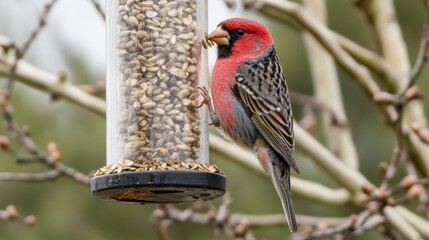 A colorful bird feeding from a seed dispenser in a natural setting.