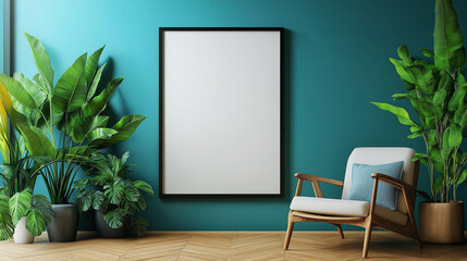 Blank frame mockup on a wall in a blue room with an armchair and plants.  AI generation.