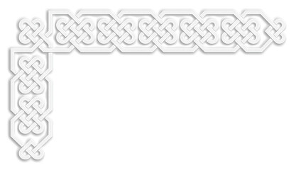 L-shaped frame with Celtic knots, white. Linear border made with Celtic knots, which looks like a plaster ornament, for use in St. Patrick's Day designs.